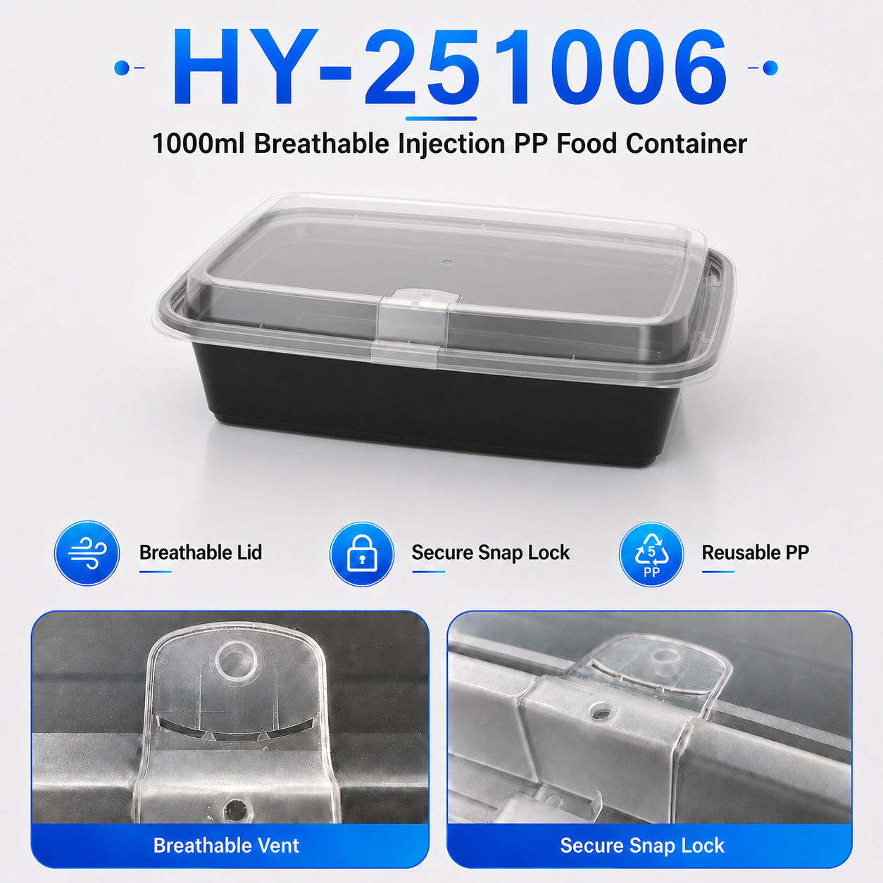 HY-251006 1000ml Vented Lid Injection Molded PP Food Container for Takeaway